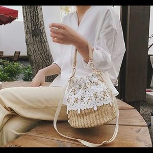 NWT Bamboo Handbag, Beach Purse Bag Half Moon Bag, Straw Lace Woven, NEVER USED
